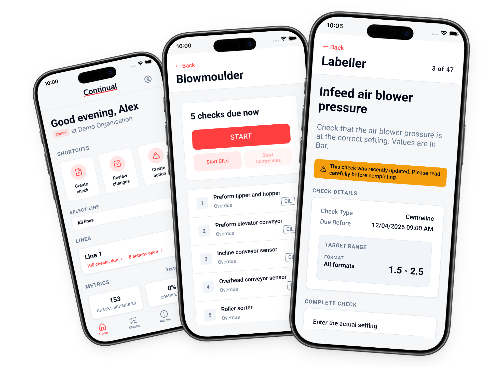 Continual dashboard showing production lines and checks